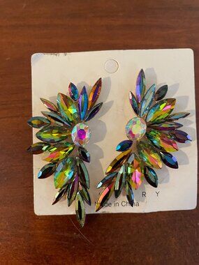 Rainbow AB Rhinestone Statement Earrings Peacock Oil Slick 2" Glam